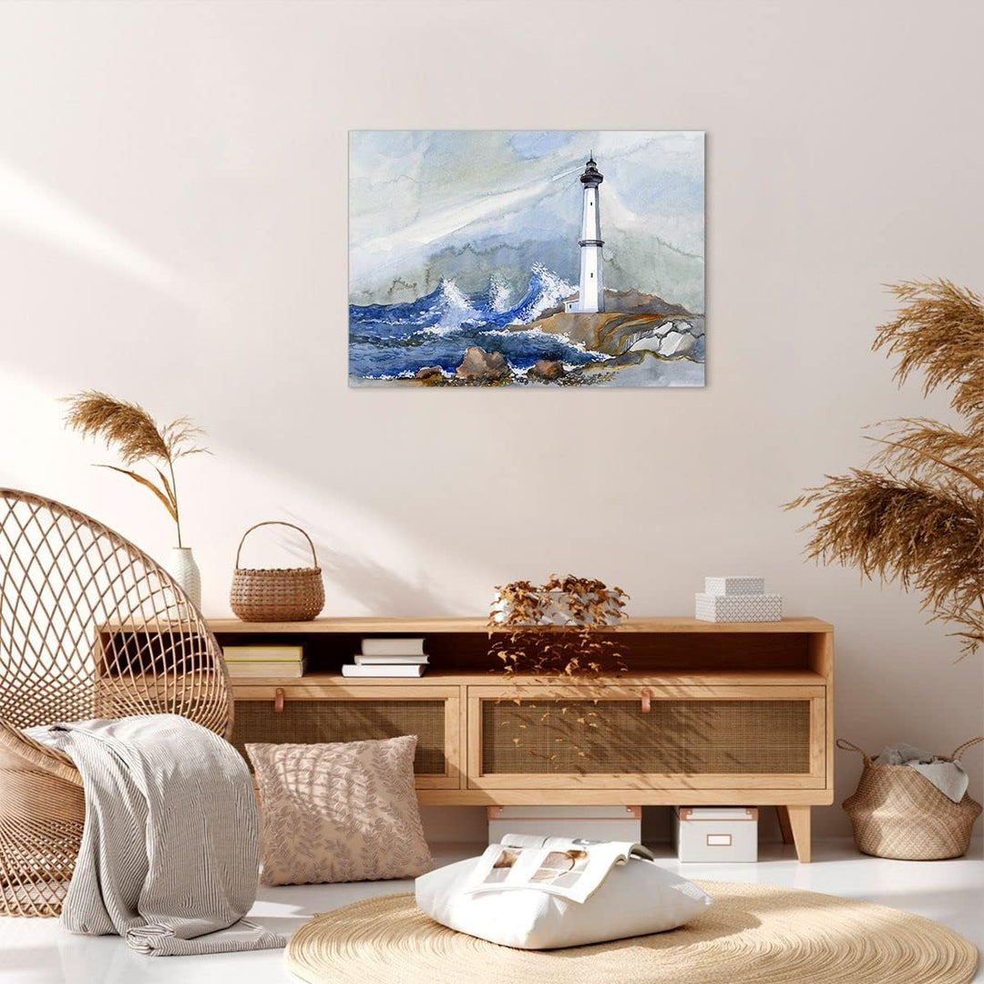Bilder auf Leinwand Leuchtturm Wasser Illustration Welle Leinwandbild 70x50cm Wandbilder Dekoration