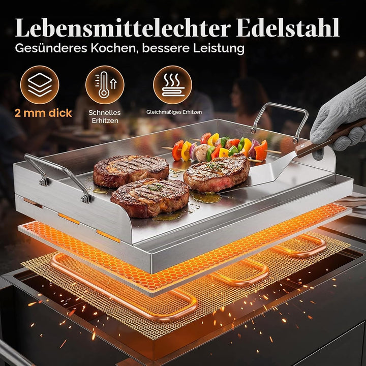 Plancha Grillplatte Edelstahl 47x32cm mit Fettrinne inkl.2 Spatel 40 x 30 x 0.2 cm, 40 x 30 x 0.2 cm
