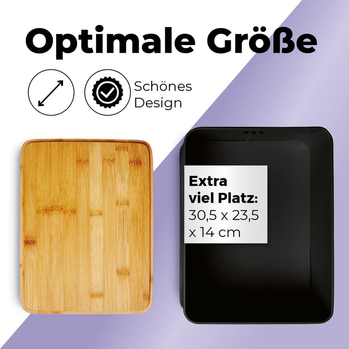 Lumaland Cuisine Brotkasten | Brotdose aus Metall mit Bambus Deckel | Brotbox rechteckig 30,5 x 23,5
