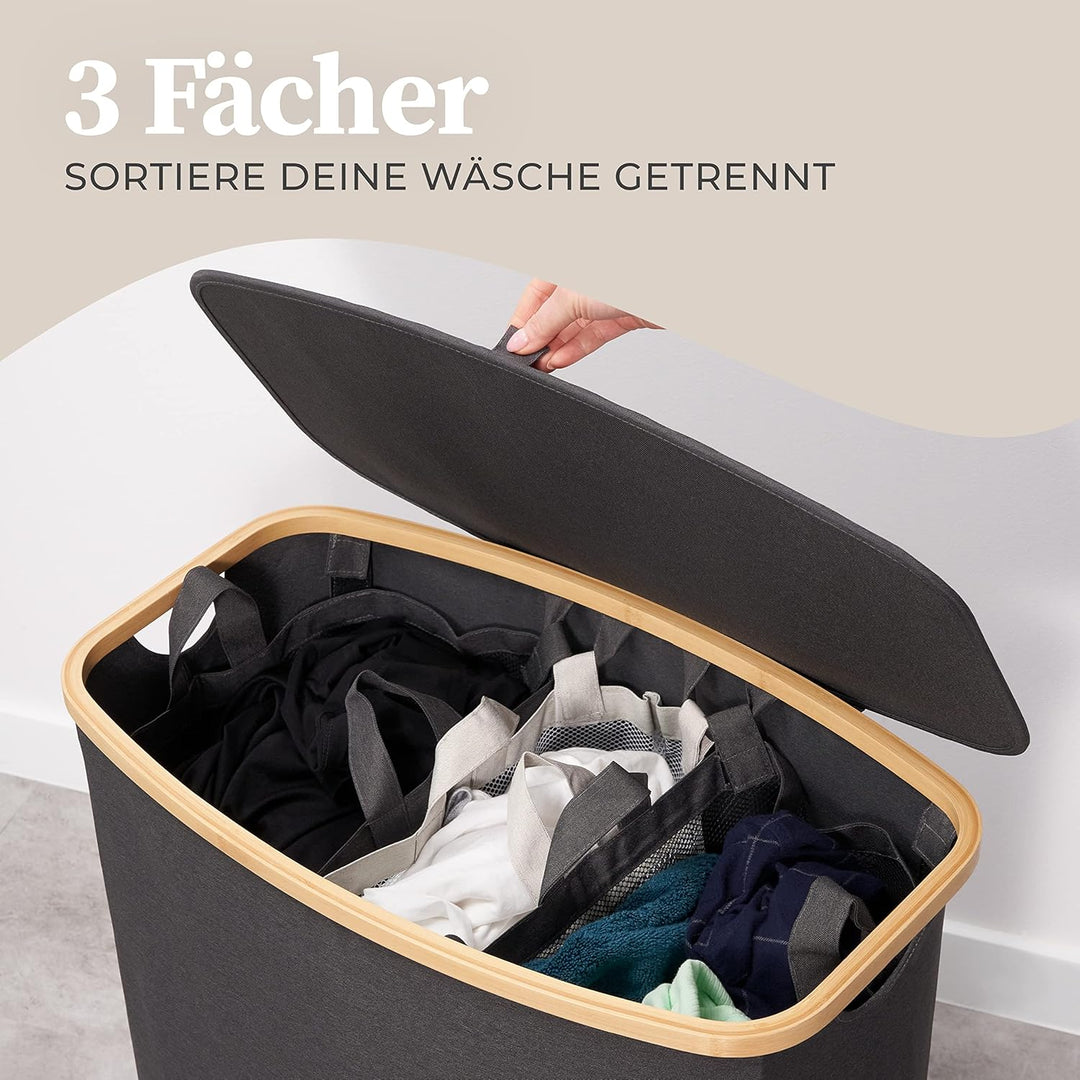 Hennez Wäschebox 150L - Wäschekorb 3 Fächer - Deckel - Wäschesortierer mit Wäschesack - Laundry Bask