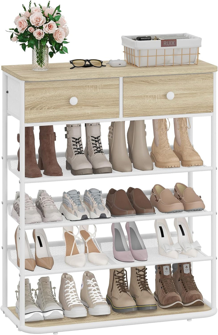 Hzuaneri Schuhregal, Schuhablage mit 5 Ebenen, Schuhregal Gross mit 2 Stoffschubladen, 3 Gittern, Ve