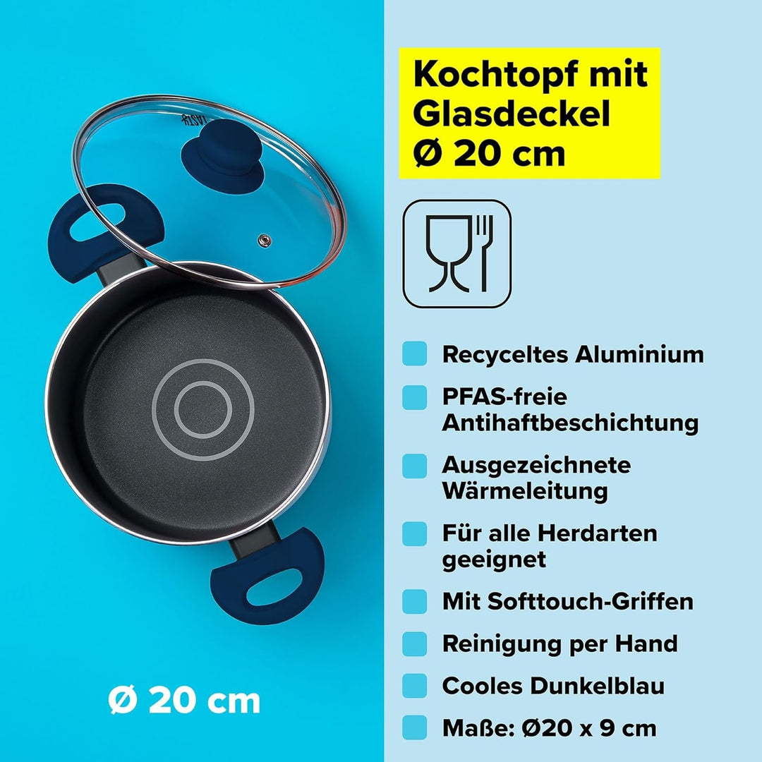 Tasty Antihaft-Kochtopf mit Glasdeckel und Öldosiersystem, 20cm, 3500ml – Gepresstes Aluminium, für