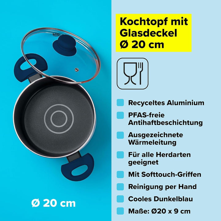 Tasty Antihaft-Kochtopf mit Glasdeckel und Öldosiersystem, 20cm, 3500ml – Gepresstes Aluminium, für