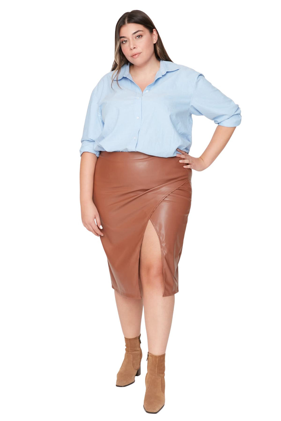 TRENDYOL Damen Midi Bleistiftrock Webstoff Grössen in Rock Skirt 44 Grosse Grössen Braun, 44 Grosse