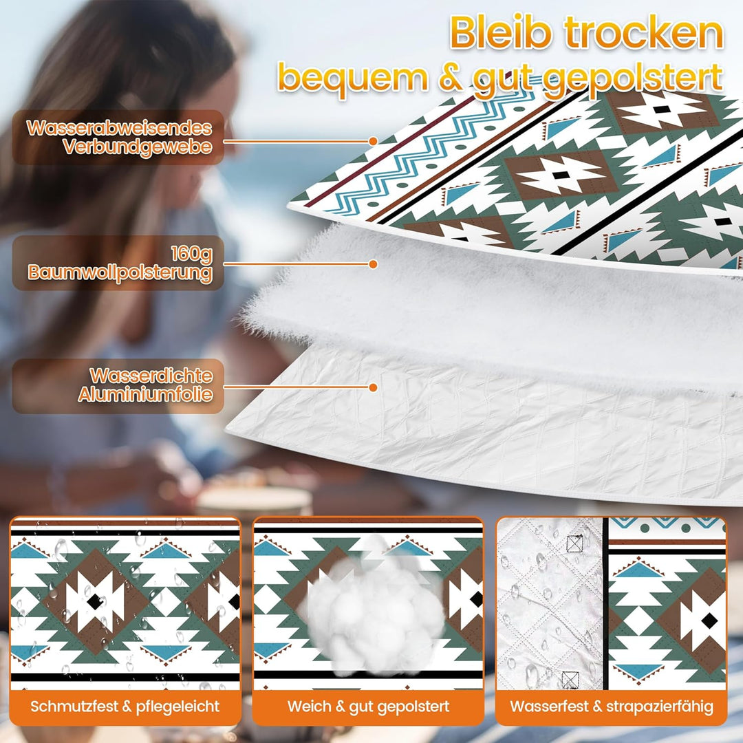Picknickdecke XXL 200x200 cm – extra gross, wasserdicht & waschbar, geometrisches Design in Beige, G