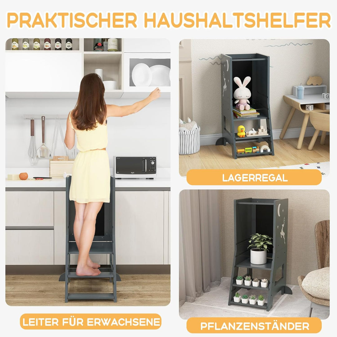 GOPLUS Lernturm Kinder, Mehrzweck-Tritthocker aus Holz mit 3 verstellbare Höhen, Lernstuhl Baby mit