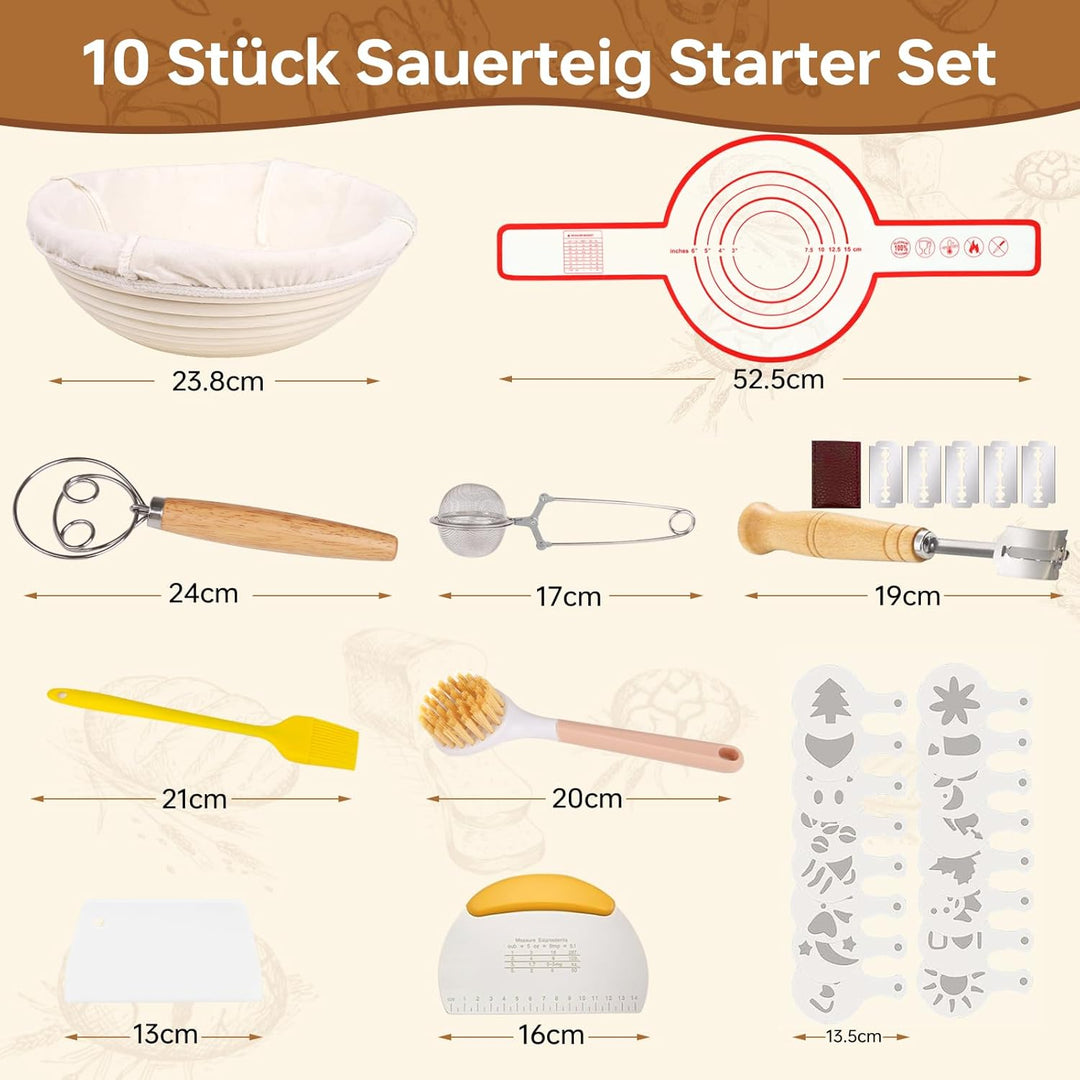 10-teilig Gärkorb Brot Set, 23cm Gärkörbchen zum Brotbacken, Sauerteig Starter Set, Brot Backen Zube