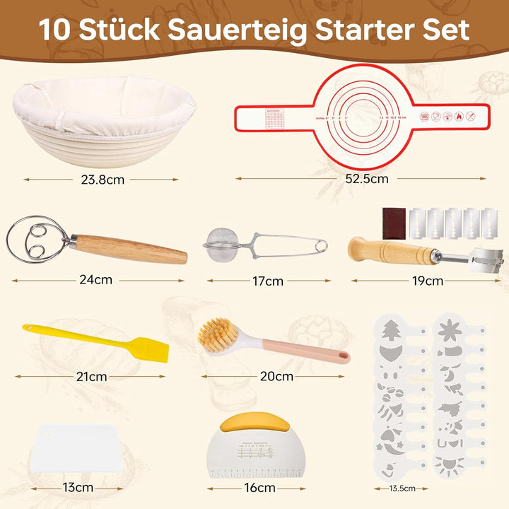 10-teilig Gärkorb Brot Set, 23cm Gärkörbchen zum Brotbacken, Sauerteig Starter Set, Brot Backen Zube