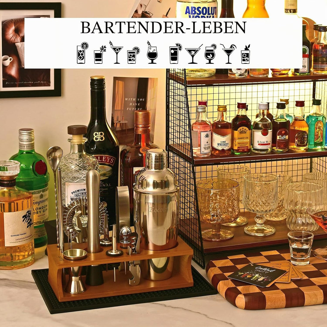 Cocktail Shaker Set mit Bambus Ständer & Rezeptbuch, Edelstahl 750ml Bar Cocktailset Cocktailshaker