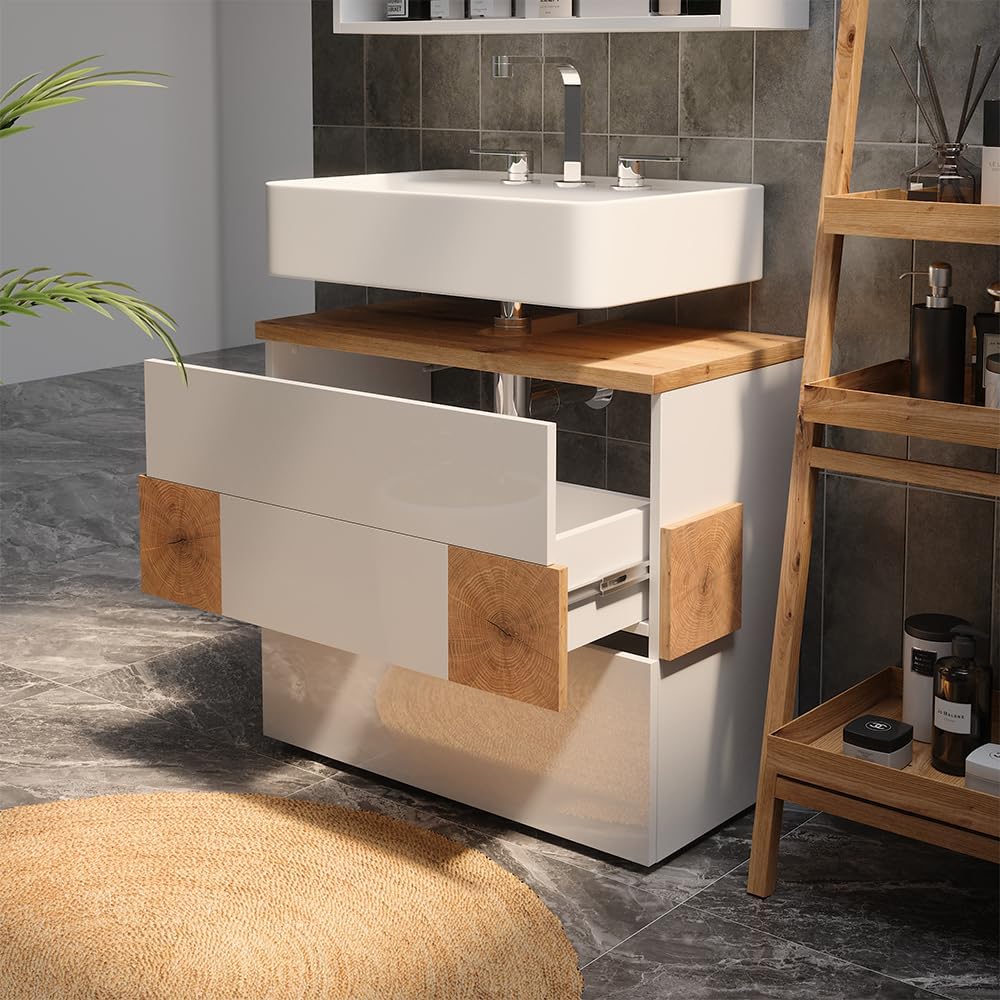 Vicco Waschbeckenunterschrank Eden, Weiss, 70 x 64.5 cm mit 2 Schubladen Weiss Waschbeckenunterschra