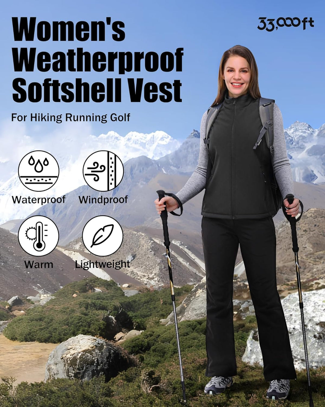 33,000ft Weste Damen Outdoor Leichte Softshell Weste Wasserdicht Ärmellose Jacke Winddichte Fleece D