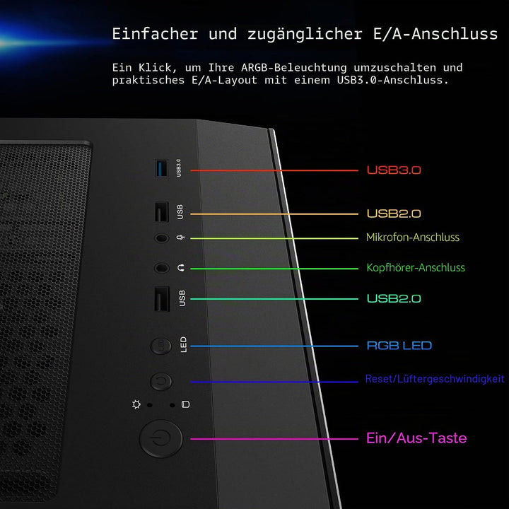 GAMDIAS Apollo E2 Elite Gaming-PC-Gehäuse, Mid-Tower-ATX-Gehäuse, gehärtete Glasscheibe, 3Dual einge