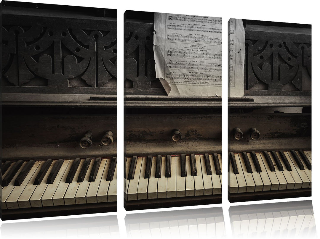 Pixxprint Antikes Klavier mit Notenblatt Schwarz/Weiss 3-Teiler Leinwandbild 120x80 Bild auf Leinwan