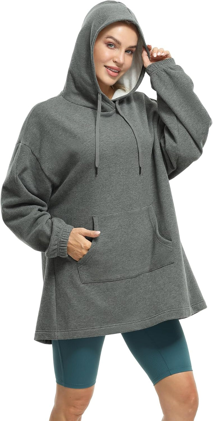 icyzone Damen Lang Oversize Hoodie Fleece Kapuzenpullover Casual Sweatshirt mit Kängurutasche S Char