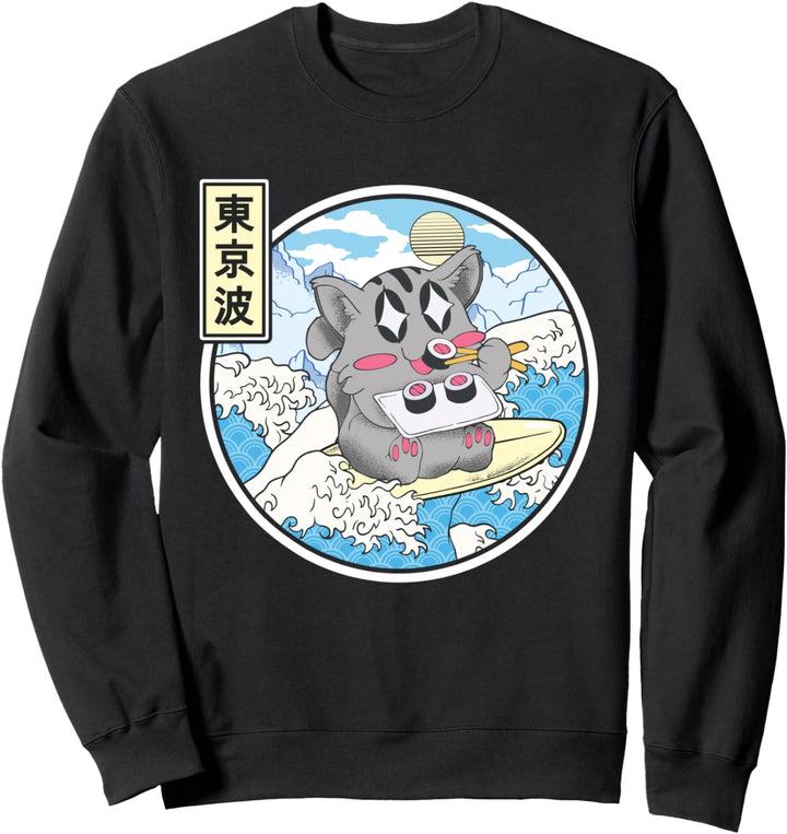 Surfende Katze essen Sushi Japanische Welle Kawaii Ästhetik Sweatshirt