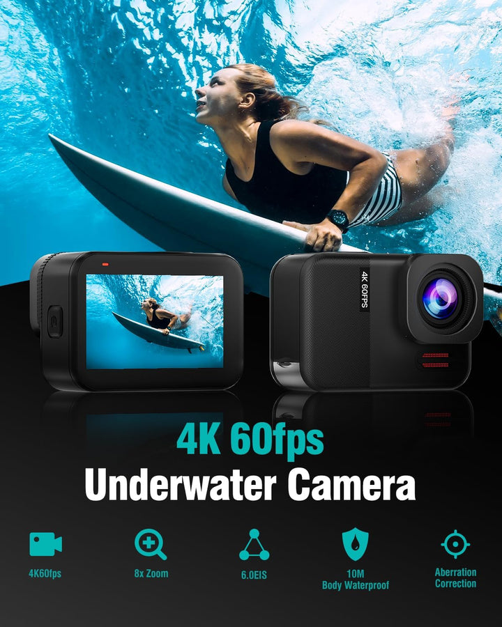 TIMNUT 4K60fps Touchscreen Action Cam, Unterwasserkamera mit 64G SD Karte 48MP WiFi Kamera 8X Zoom,