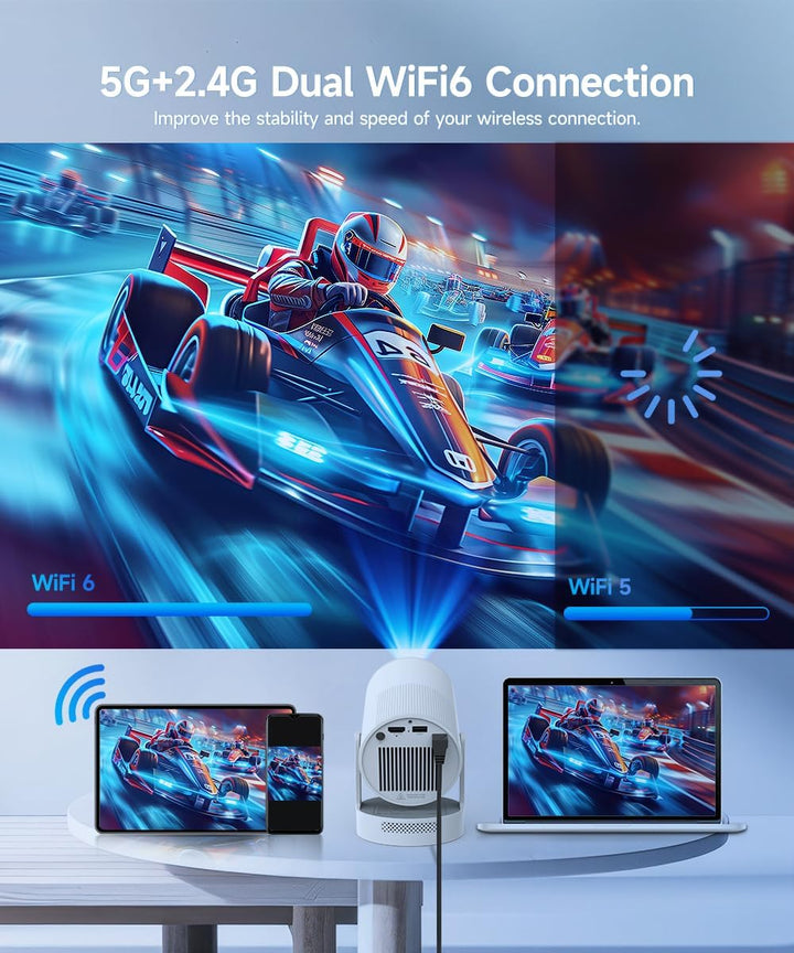 Elektrischer Fokus Mini Beamer mit 4K Unterstützung, tragbarer Projektor mit WiFi 6 und Bluetooth 5.