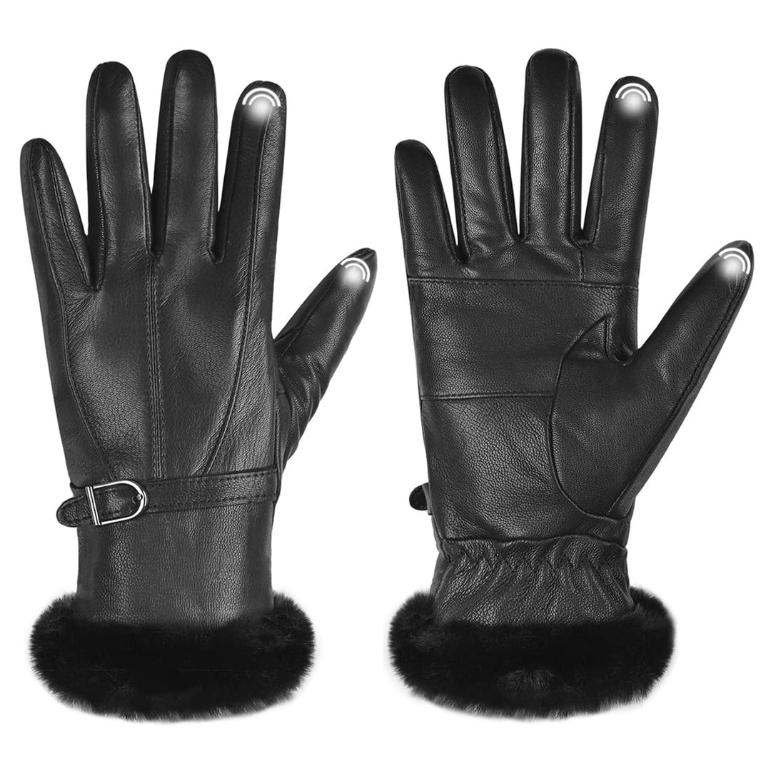 Harssidanzar Damen Lederhandschuhe Winter Thermo Fellgefüttert SL022EU S Schwarz(touchscreen), S Sch