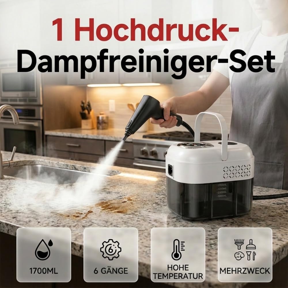 Dampfreiniger Handgerät mit Digitaldisplay, 1500W Handdampfreiniger, 1.7L Wassertank, 6 Dampfstufen,