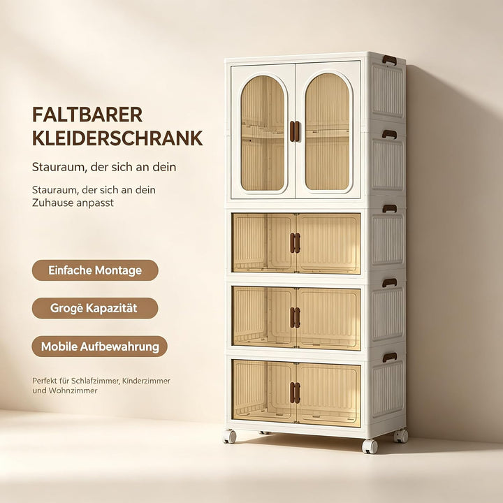 Faltbarer Kleiderschrank mit Rollen, 455L, 4 Ebenen Kunststoffschrank, Transparente Türen, Staubdich