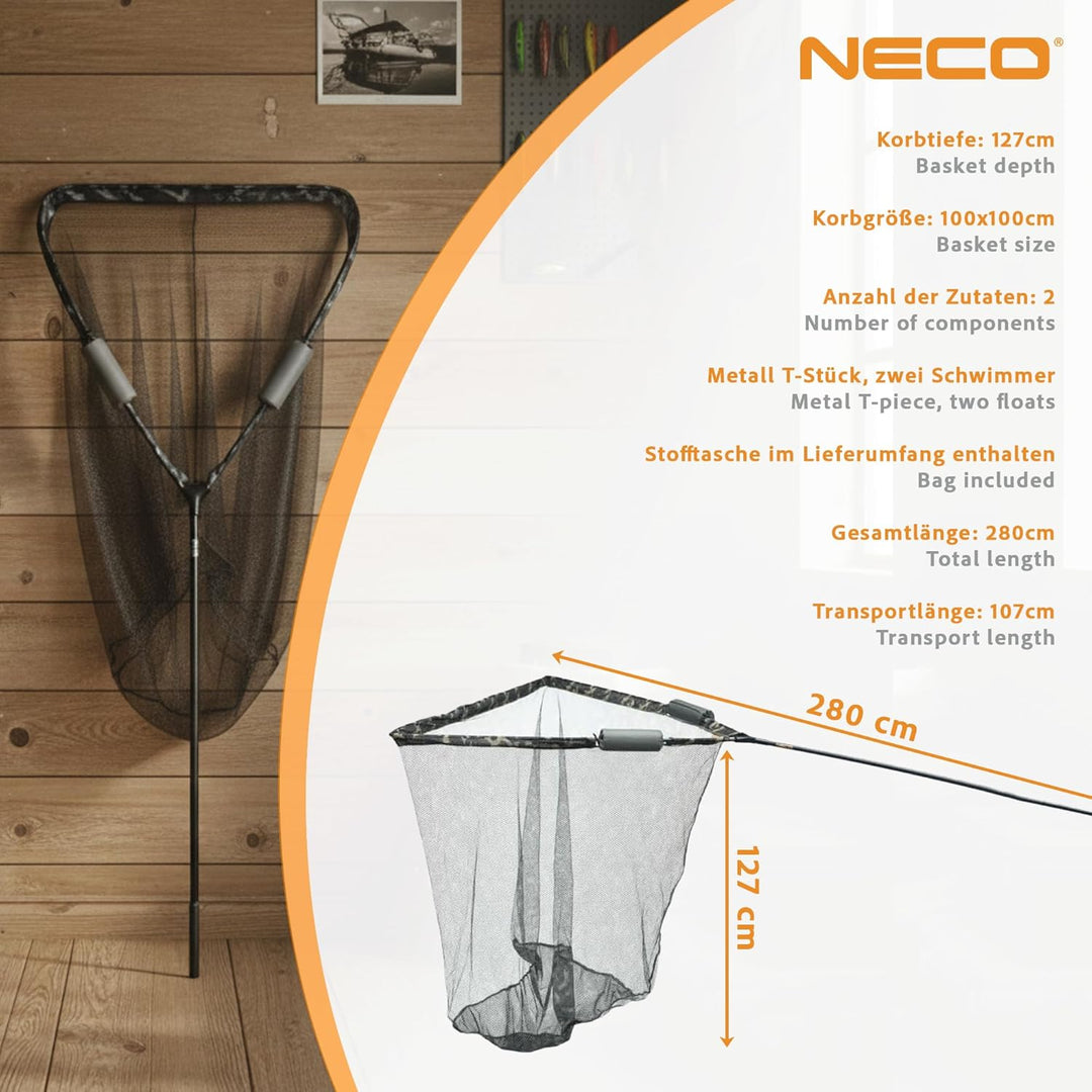 NECO Karpfenkescher 100×100 cm – Grosser Angelkescher 2,80 m Carbon, Faltbar – Tiefe 127 cm, Metallk