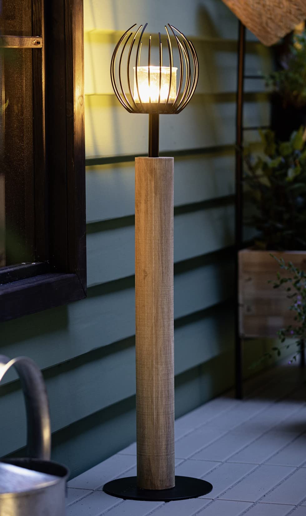 Windlichtsäule Kugel aus Holz & Metall, 85 cm hoch, Holzsäule, Dekosäule mit Windlichtglas, Deko für
