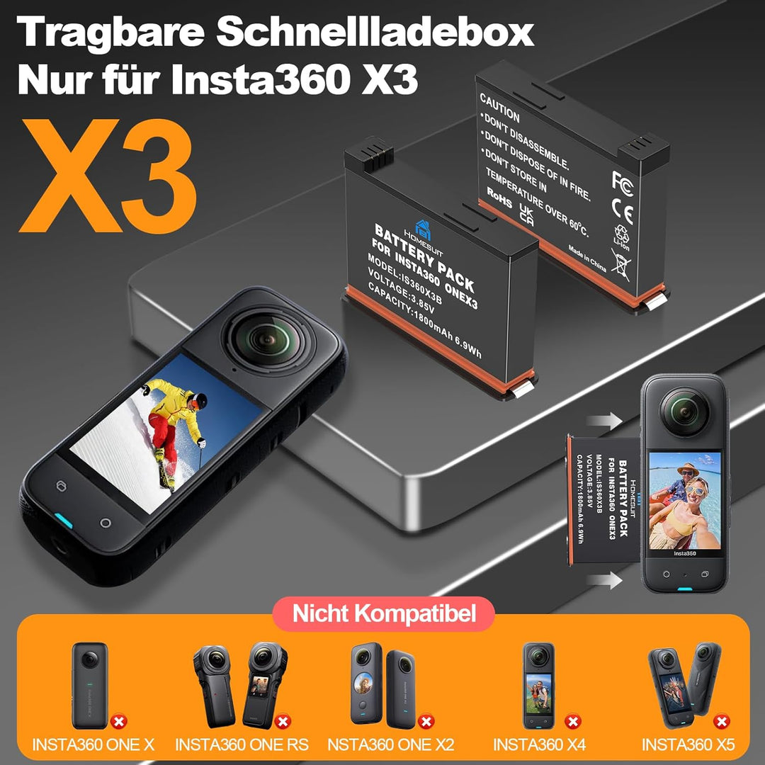 Homesuit Insta360 X3 Ersatz Akku 1800mAh und USB Ladegerät kompatibel mit Insta360 ONE X3 Kamera (2-