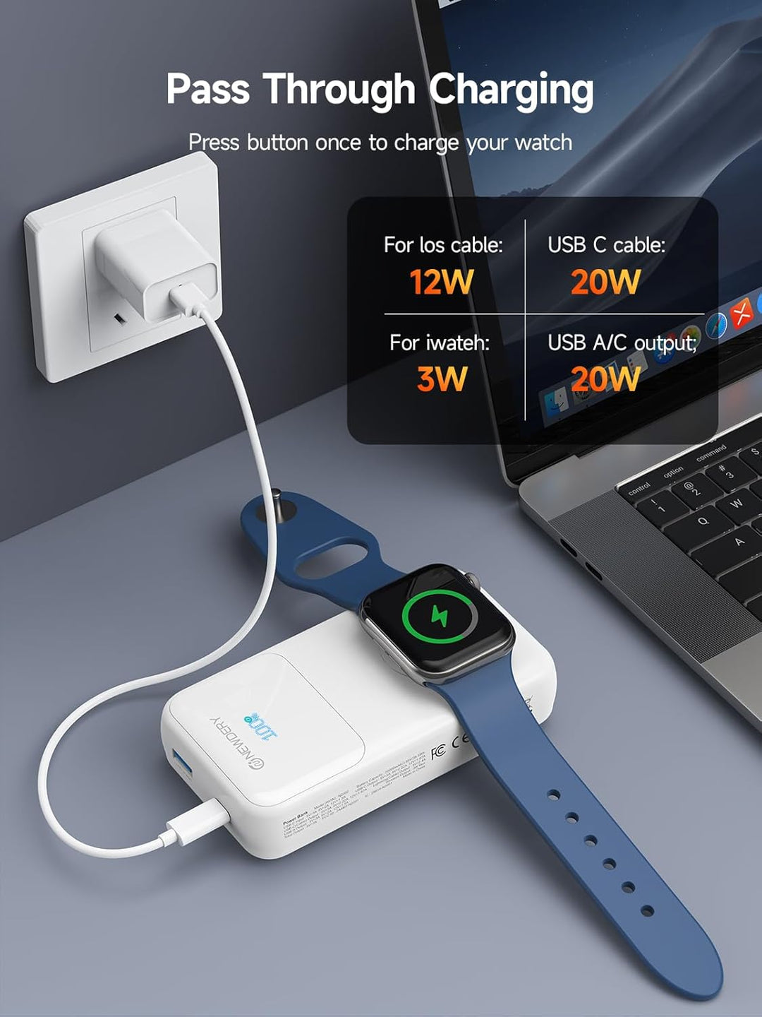 NEWDERY Powerbank für Apple Watch & iPhone Ladegerät 20000mAh Drahtloses Ladestation Power Bank, Sch