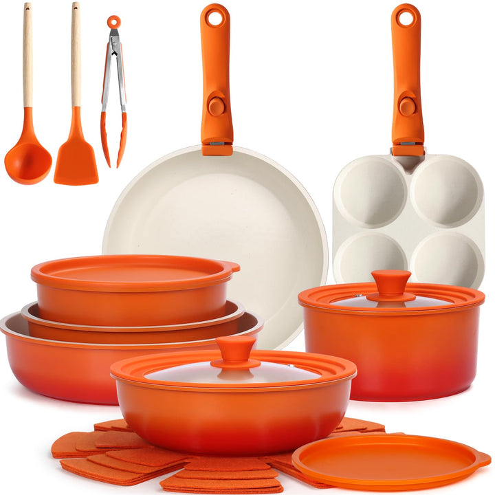 GiPP 21PCS Granit Topfset mit Abnehmbarer Griff,Induktions Topfsets Oranger Farbverlauf 21PCS-Gross,