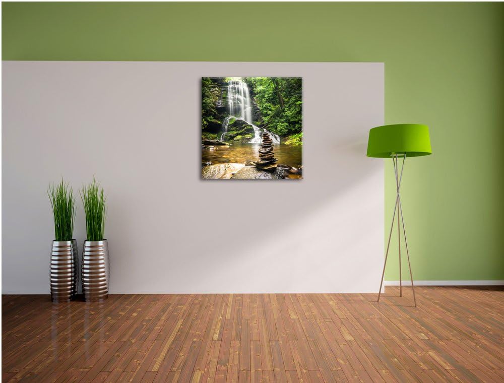 Zen Steine vor Wasserfall, Format: 70x70 auf Leinwand, XXL riesige Bilder fertig gerahmt mit Keilrah