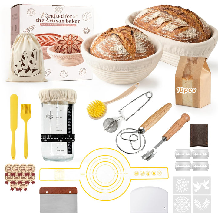 Gärkörbchen Für Sauerteig Starter Set, 2 Gärkorb Brot(23cm rund & 25cm oval), 900ml Sauerteig Glas S