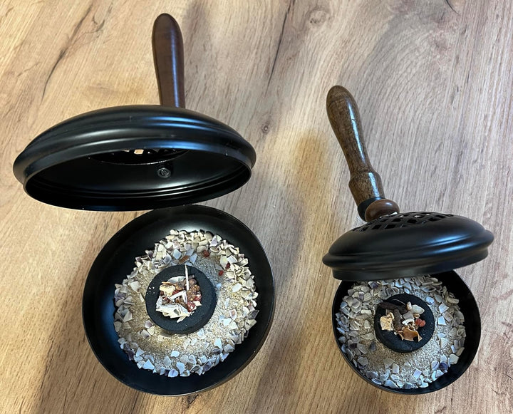 Bitto Räucherpfanne SALUK Metall mit Holzgriff, L: 26,5 cm, H: 8 cm, Ø 12 cm, L