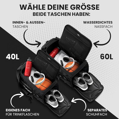 Sporttasche Trainingstasche + Rucksack, Schuhfach, Nassfach | Reisetasche Schwimmtasche Fitnesstasch