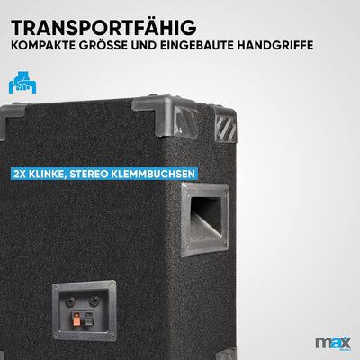 MAX MAX8 - Passives PA Lautsprecher Set, 400 Watt mit 8 Zoll Tieftöner, Partybox mit Griffe, Passive