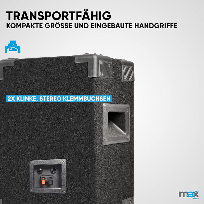 MAX MAX8 - Passives PA Lautsprecher Set, 400 Watt mit 8 Zoll Tieftöner, Partybox mit Griffe, Passive