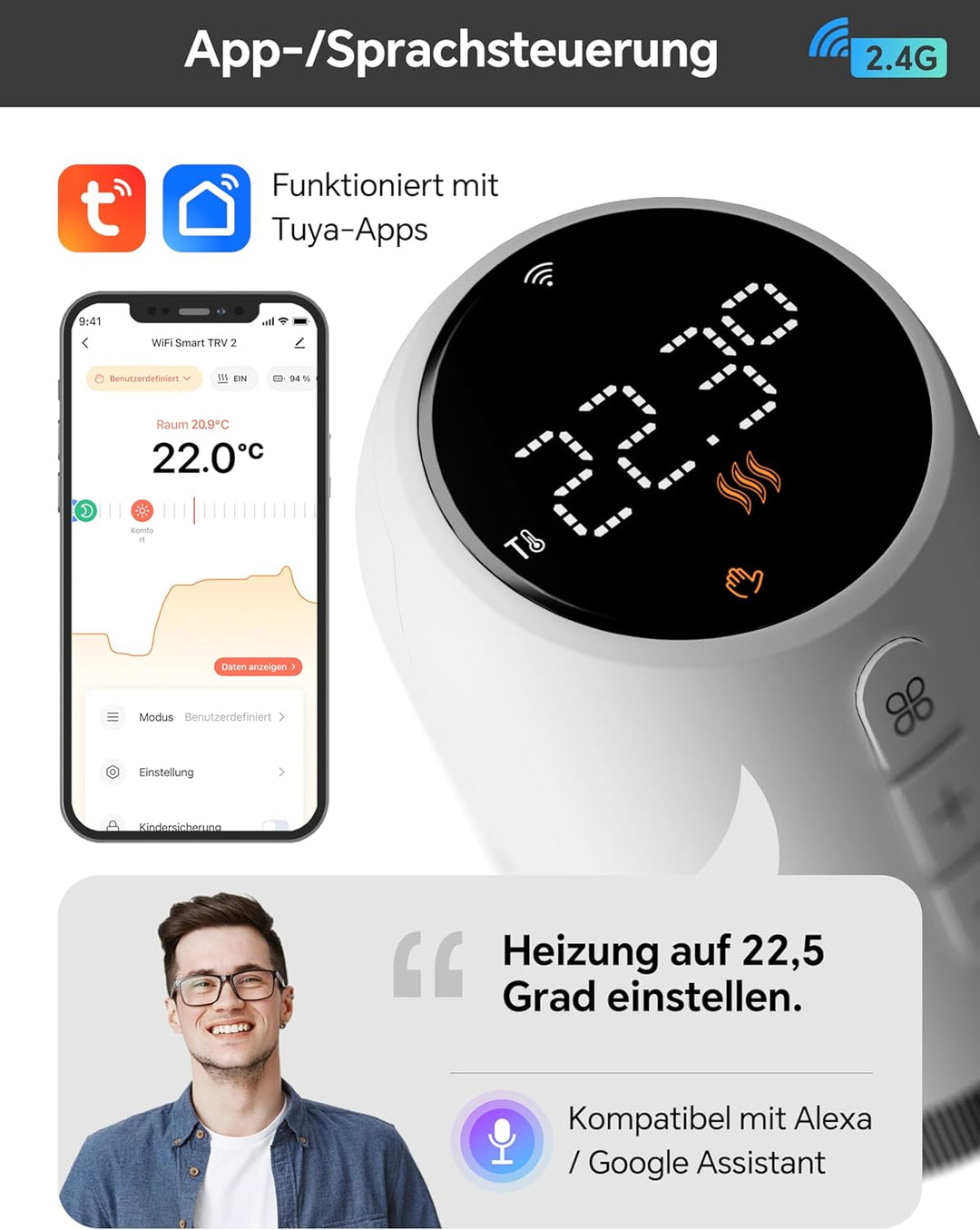 Heizkörperthermostat WLAN, Beok Thermostat Heizung Smart Thermostatkopf WiFi Heizungsthermostat Heiz