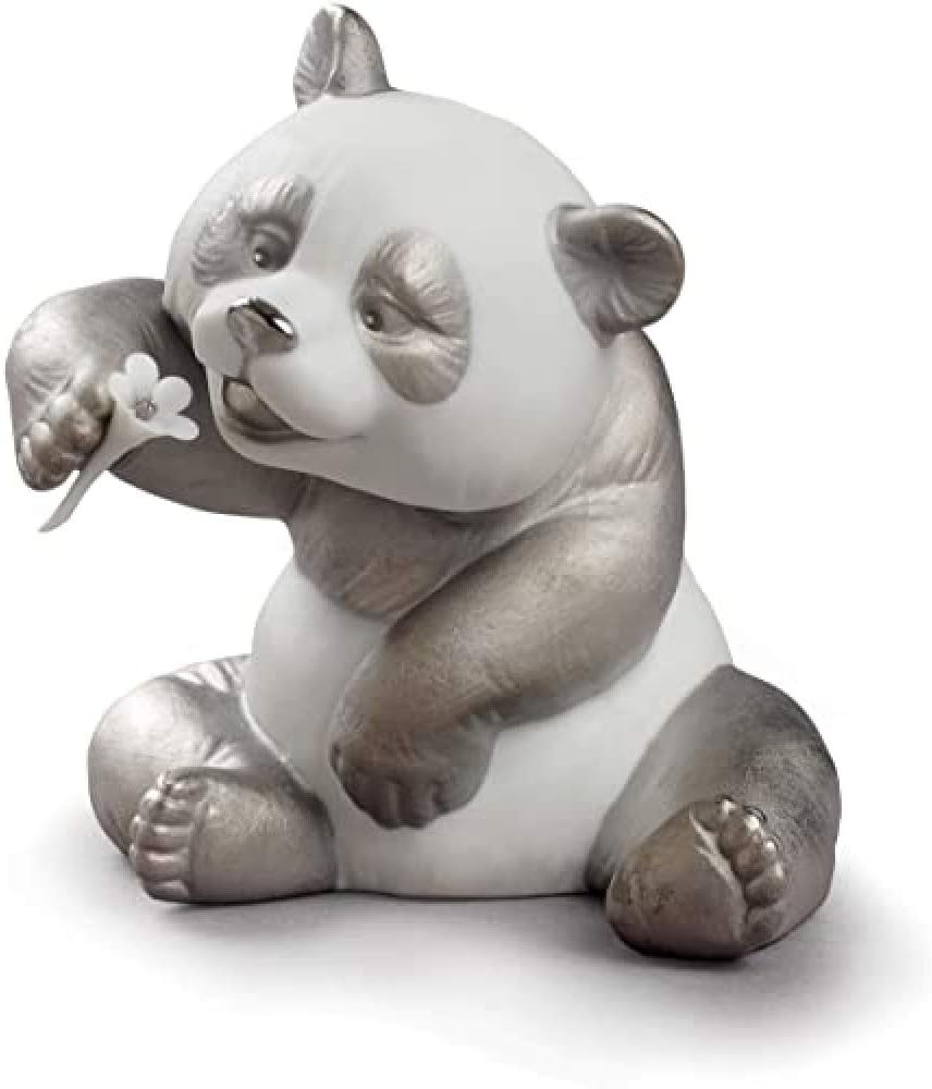LLADRÓ Figur Glücklicher Panda. Silber. Panda. Porzellan.