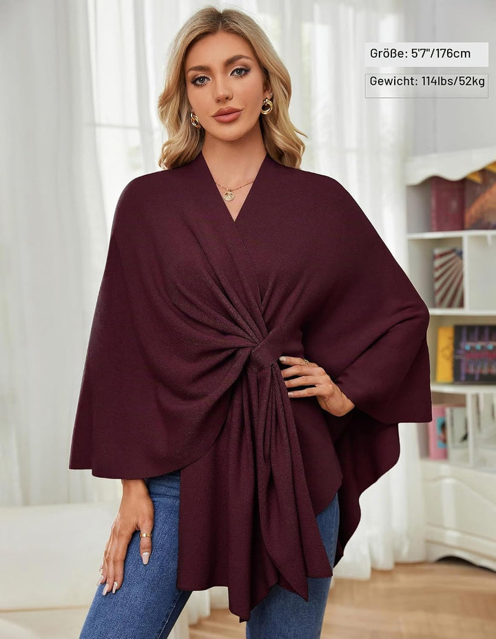 PULI Damen Elegant Poncho Strick Ponchos Capes Vorne öffnen Vielseitige Schalwickel mit Lasche Burgu
