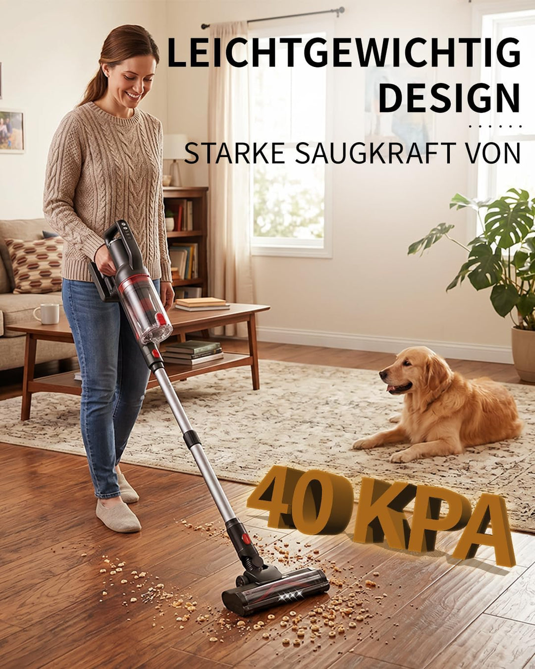 Akku Staubsauger Kabellos – 40KPa/500W/50 Min, 1L kabelloser Staubsauger mit V-förmiger Anti-Tangle-
