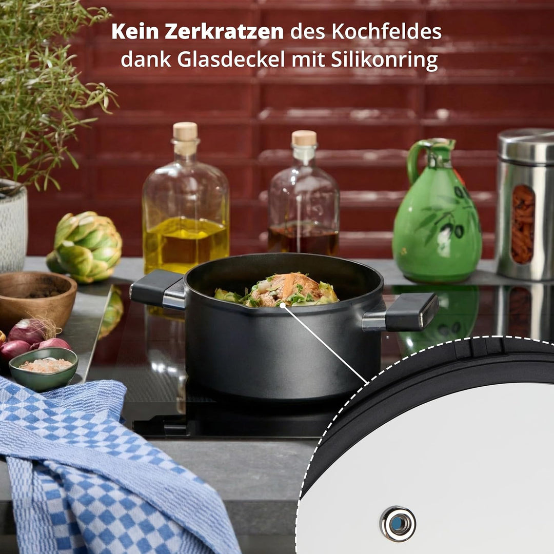 KHG Aluminium Kochtopf 20 cm mit Glasdeckel - ILAG Xeradur 5 Antihaftbeschichtung, Soft-Touch-Griffe
