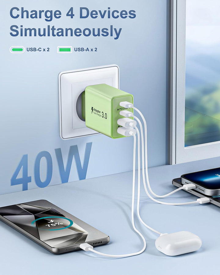 USB C Ladegerät, 2-Pack 40W 4 Ports USB C Stecker Schnellladegerät Mehrfach Ladestecker mit PD+QC Po