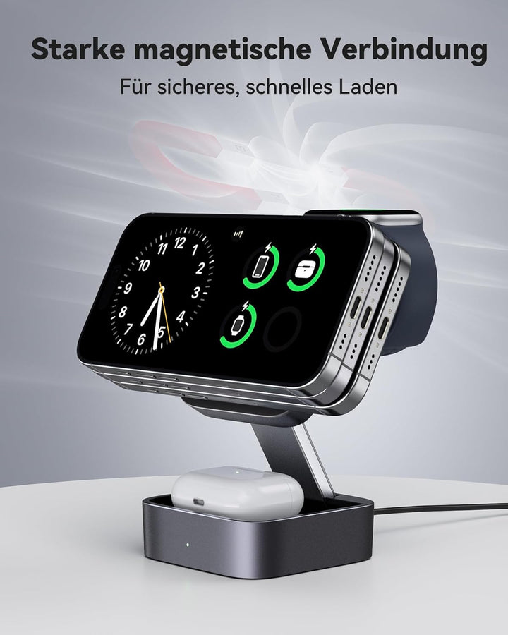 3-in-1 Ladestation für Apple, Magnetisches Faltbares Kabelloses Ladegerät mit Mag-Safe für iPhone Ai