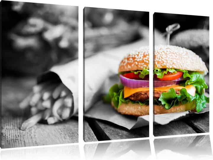 perfekter Burger mit Pommes schwarz/weiss 3-Teiler Leinwandbild 120x80 Bild auf Leinwand, XXL riesig
