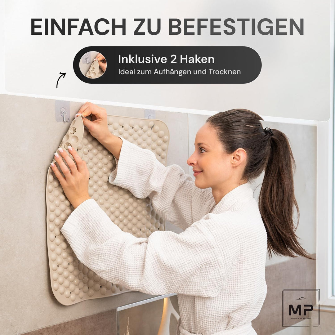 Duschmatte rutschfest 52 x 54 cm mit 2X Klebehaken 100% TPE - Robuste Antirutschmatte für Dusche & B
