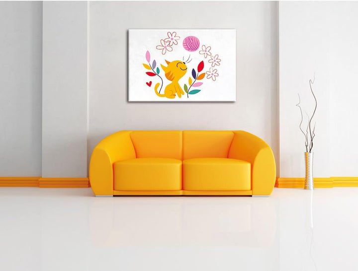 Pixxprint Niedliche Katze mit Wollknäuel als Leinwandbild/Grösse: 100x70 cm/Wandbild/Kunstdruck/fert