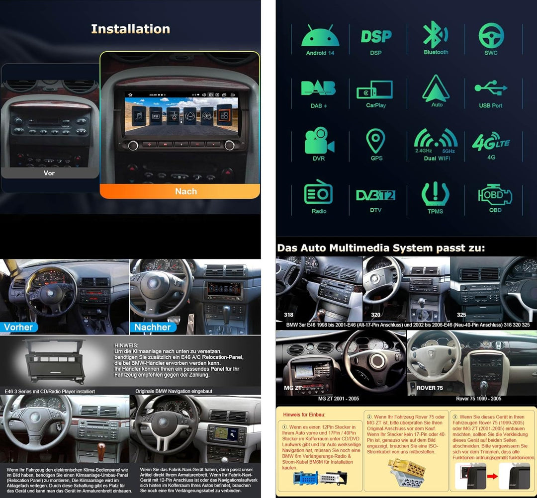 Erisin 8.8 Zoll Android 14 Autoradio mit GPS Navigation für BMW 3er E46 Rover 75 MG ZT Unterstützt C