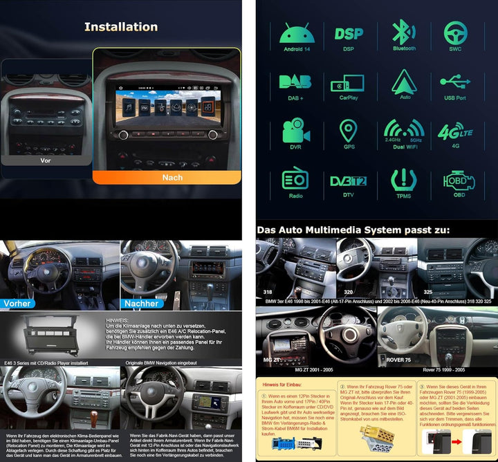 Erisin 8.8 Zoll Android 14 Autoradio mit GPS Navigation für BMW 3er E46 Rover 75 MG ZT Unterstützt C