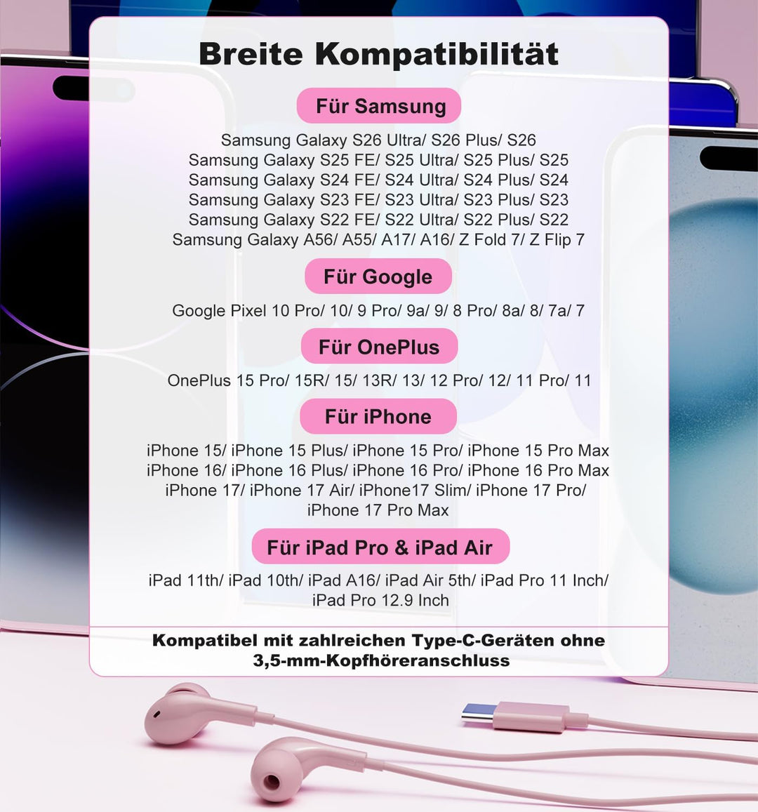 USB C Kopfhörer für iPhone 15 16 17 Pro Max Air Stereo USBC Headset In-Ear Kopfhörer mit Kabel USB C