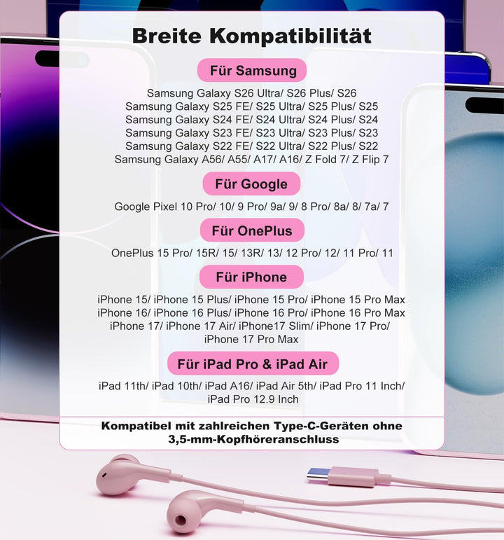 USB C Kopfhörer für iPhone 15 16 17 Pro Max Air Stereo USBC Headset In-Ear Kopfhörer mit Kabel USB C