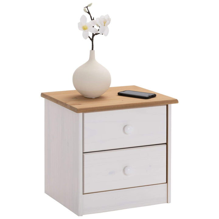 IDIMEX Nachttisch Rondo,Kommode aus Kiefer massiv, weiss/braun lackiert, 2 Schubladen, Landhausstil,